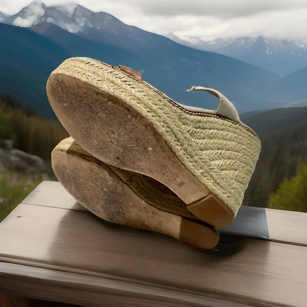 Tory Burch Canvas Leather Espadrille Wedge Sandal Size 8M Beige Brown